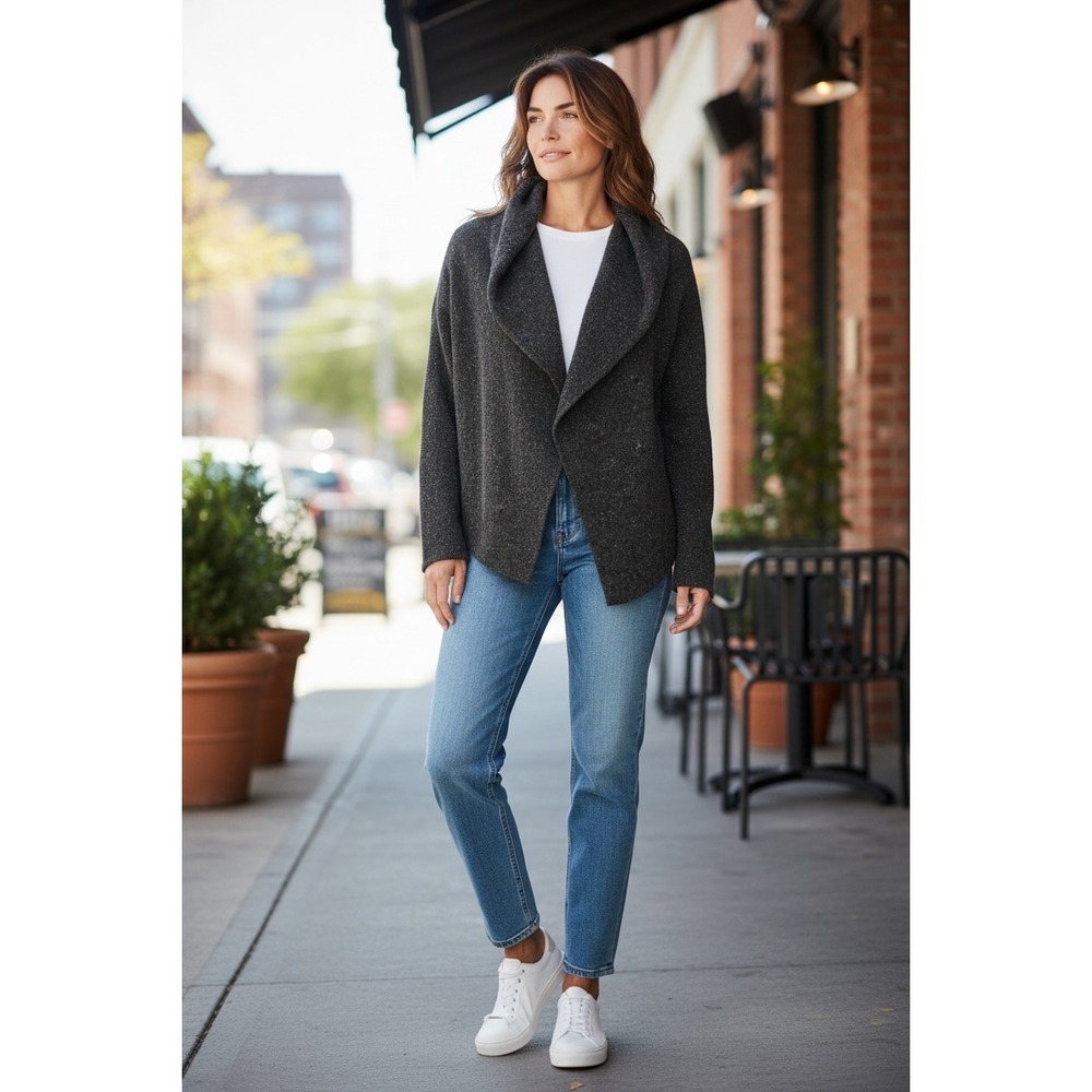 Eileen Fisher Womens Gray Wool Silk Blend Shawl‎ Collar Open Cardigan Sweater M